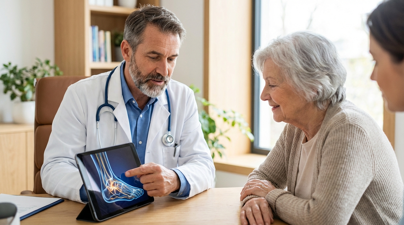 Podiatrist with senior patient showcasing RestedFeet authority and USA Family Owned badges